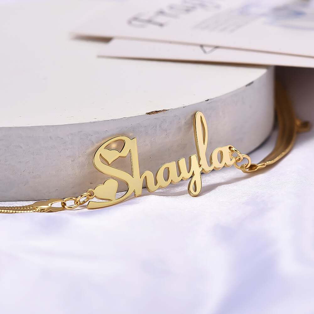 Heart Font Nameplate With Snake Chain Personalized Custom Gold Plated Name Bracelet-silviax