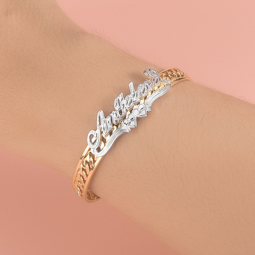 Two Tone Personalized Gold Plated Name Bangle Bracelet with Heart-silviax