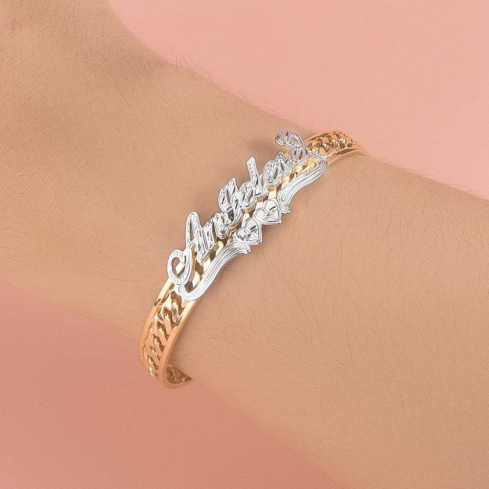 Two Tone Personalized Gold Plated Name Bangle Bracelet with Heart-silviax