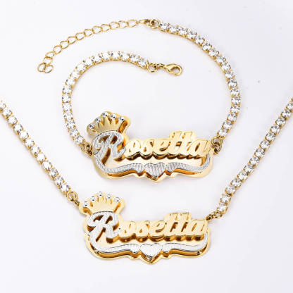 Double Plate Two Tone Nameplate with Tennis Chain Personalized Custom Gold Plated Name Necklace and Bracelet Set-silviax