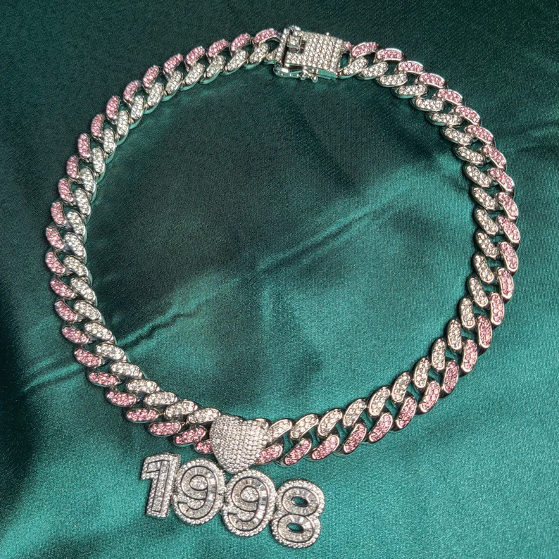 Iced Out Cuban Chain Baguette Numbers with Heart Birth Year Number Necklace-silviax
