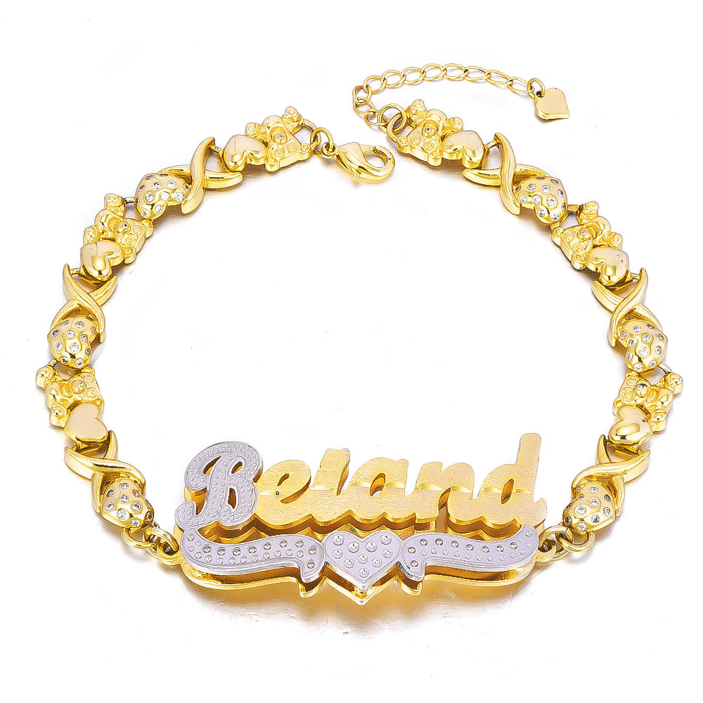 Double Layer Two Tone with Teddy Bear Heart XOXO Chain Personalized Custom Gold Plated Name Bracelet-silviax