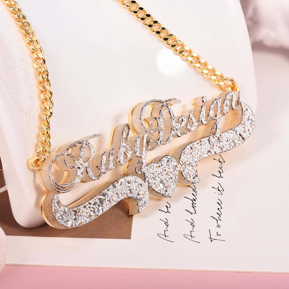 Sparkling Acrylic Personalized Custom Gold Plated Double Layer Name Necklace with Heart-silviax