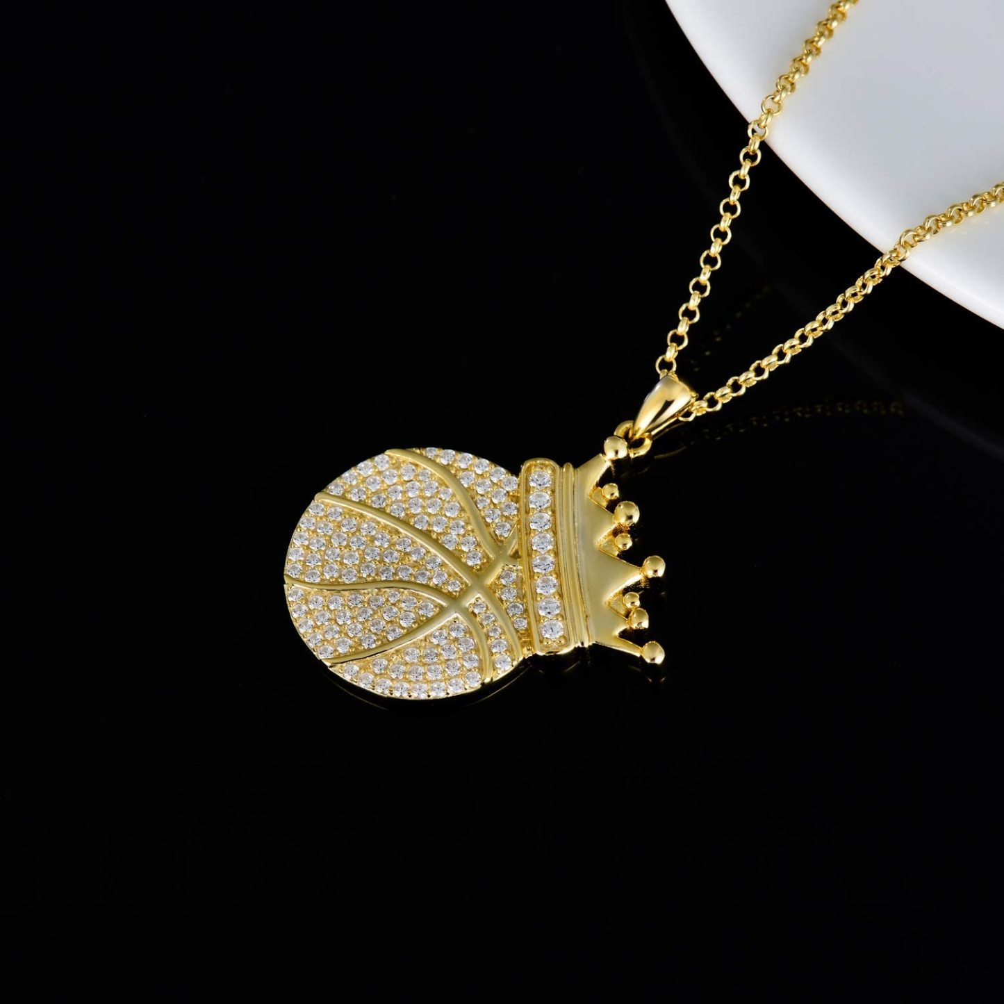 Crown Basketball Pendant Gold Plated Necklace Hip Hop Sport Style for Boy Men-silviax