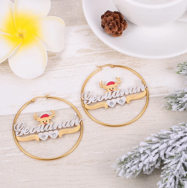 Christmas Red Nose Reindeer Nameplate Hoop Earrings with Two Hearts Two Tone Personalized Custom Name Earrings