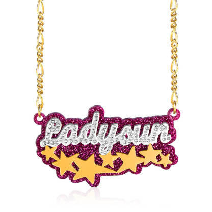 Double Plate Acrylic Two Tone Stars Personalized Custom Gold Plated Name Necklace-silviax