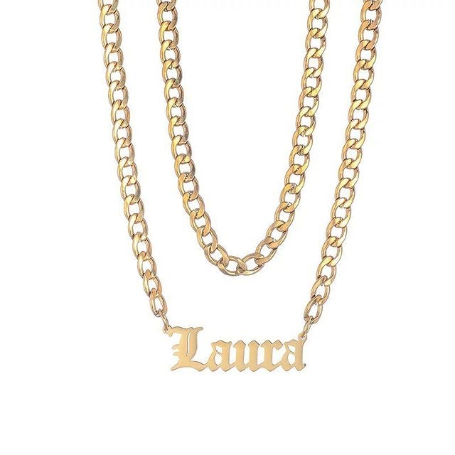Double Layer Cuban Chain With Old English Font Nameplate Pendant Personalized Custom Gold Plated Name Necklace-silviax