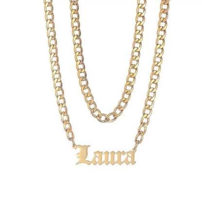 Double Layer Cuban Chain With Old English Font Nameplate Pendant Personalized Custom Gold Plated Name Necklace-silviax