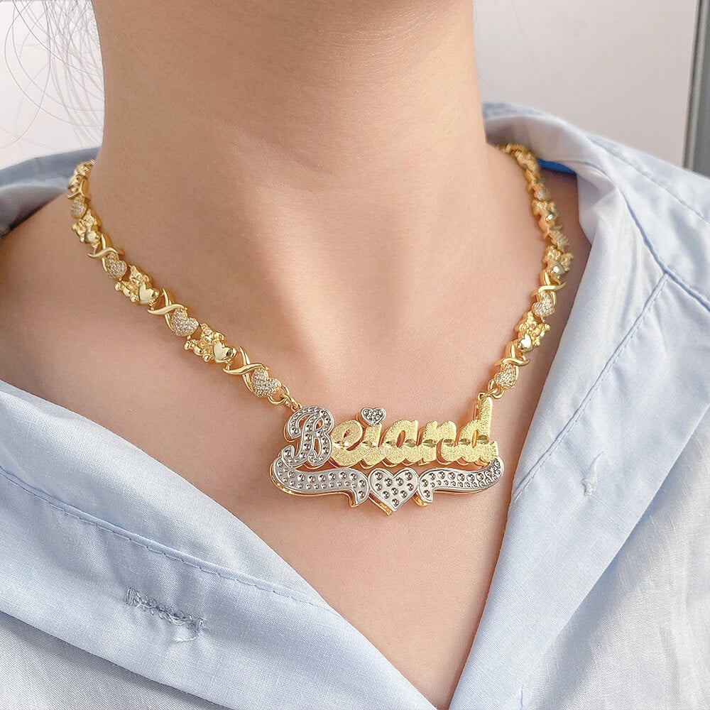 Double Layer Two Tone Heart Teddy Bear Xoxo Chain Personalized Custom Gold Plated Name Necklace 