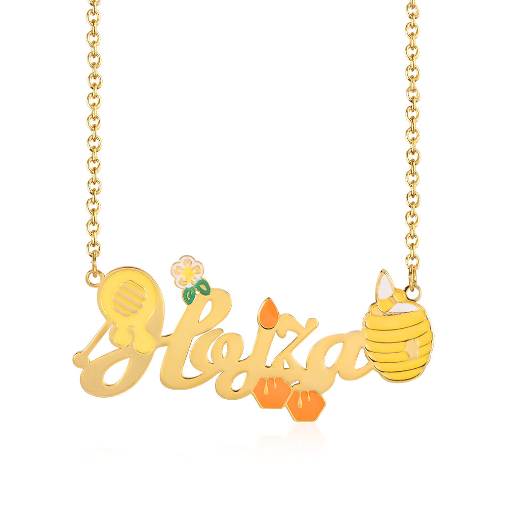 Bee and Jar Pendant Personalized Custom Gold Plated Name Necklace with Flower-silviax