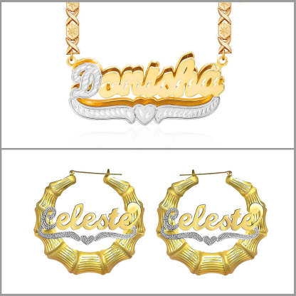 Heart Personalized Custom Gold Plated Double Layer Two Tone XOXO Chain Name Necklace and Two Tone Bamboo Name Earrings Set-silviax