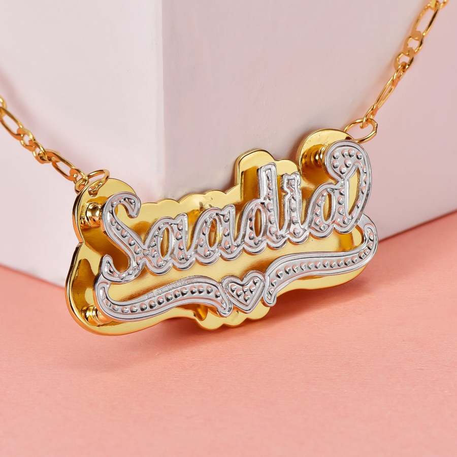 Double Plate Two Tone with Heart Personalized Custom Gold Plated Name Necklace