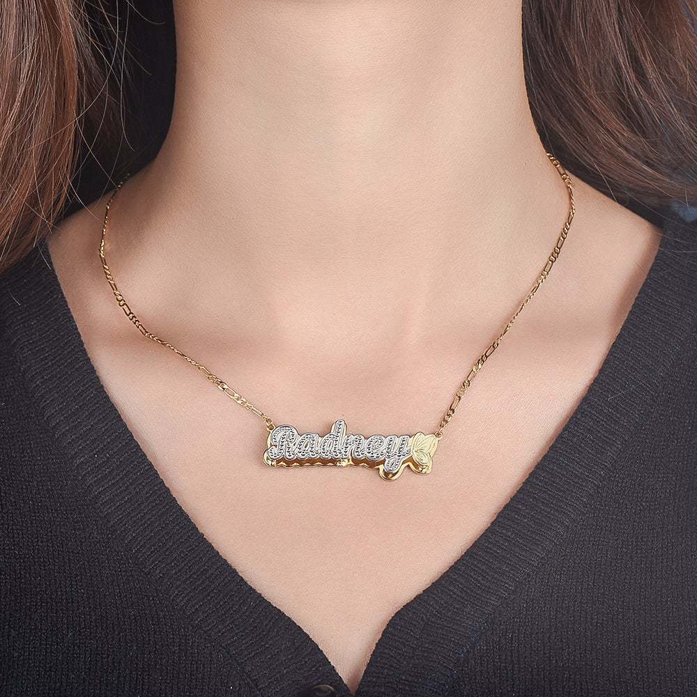 Butterfly Double Plate Two-tone Personalized Custom Gold Plated Name Necklace-silviax
