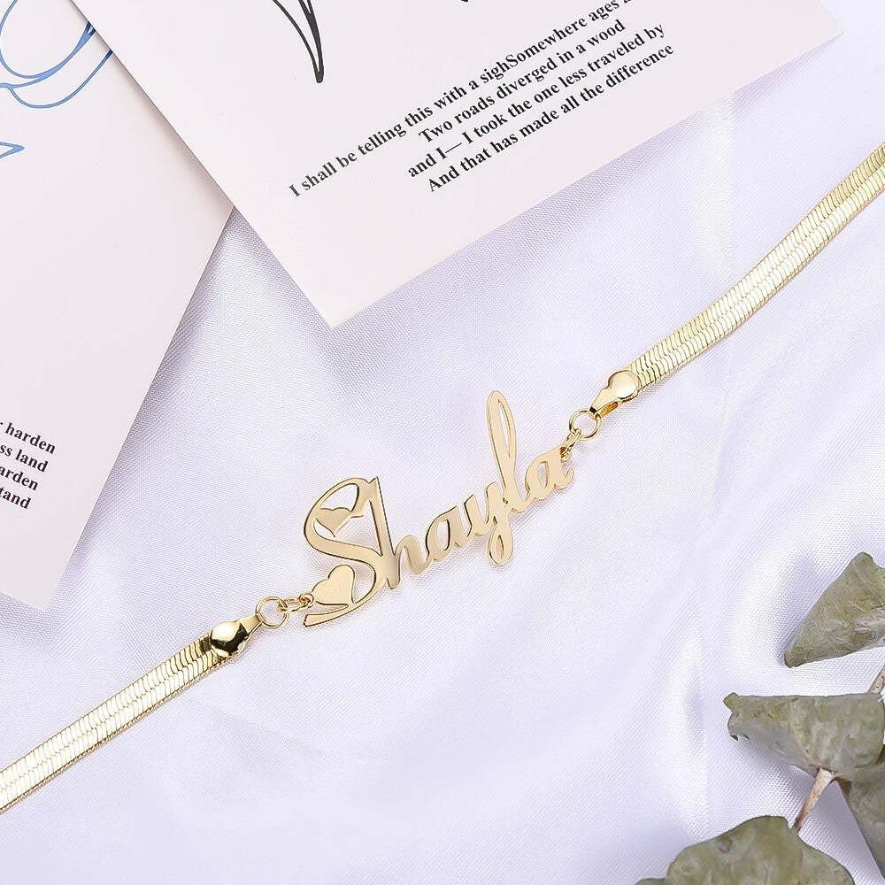 Heart Font Nameplate With Snake Chain Personalized Custom Gold Plated Name Bracelet-silviax