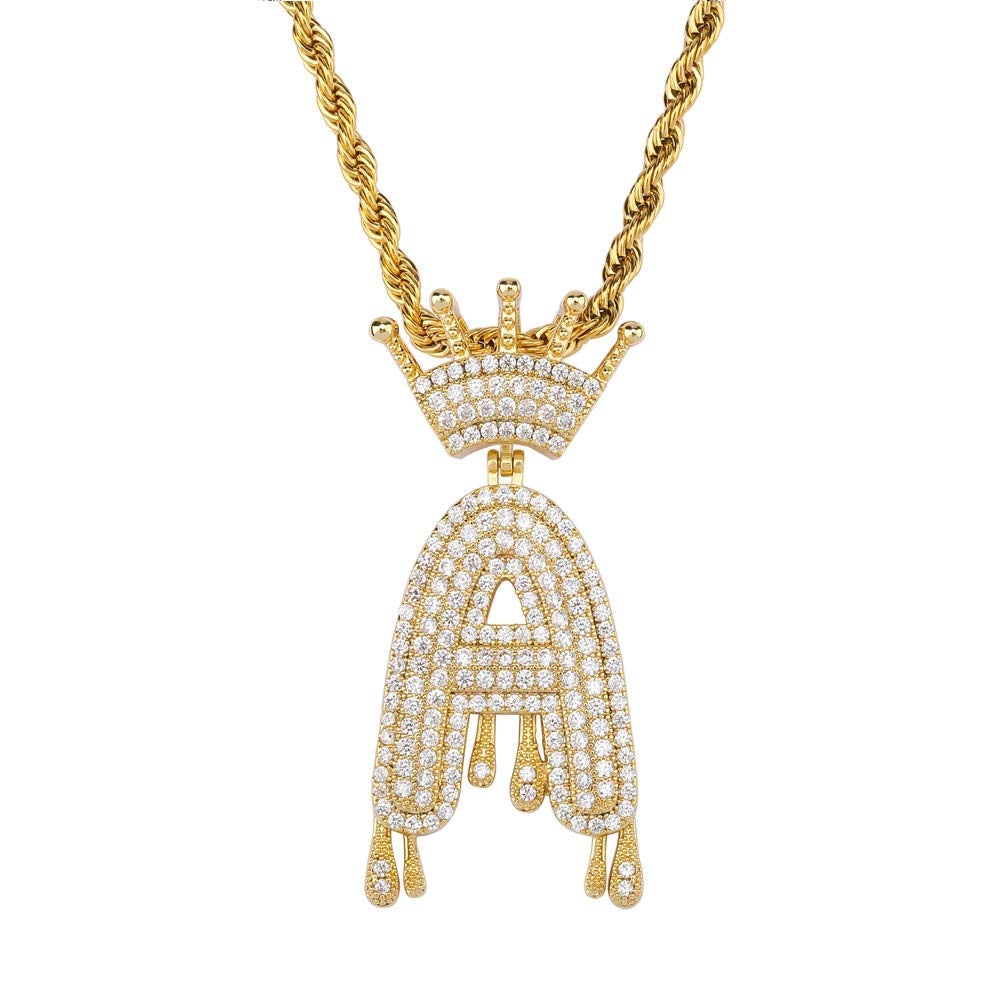 Gold Plated Crystal Dripping Crown Letter Initial Necklace-silviax