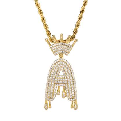 Gold Plated Crystal Dripping Crown Letter Initial Necklace-silviax