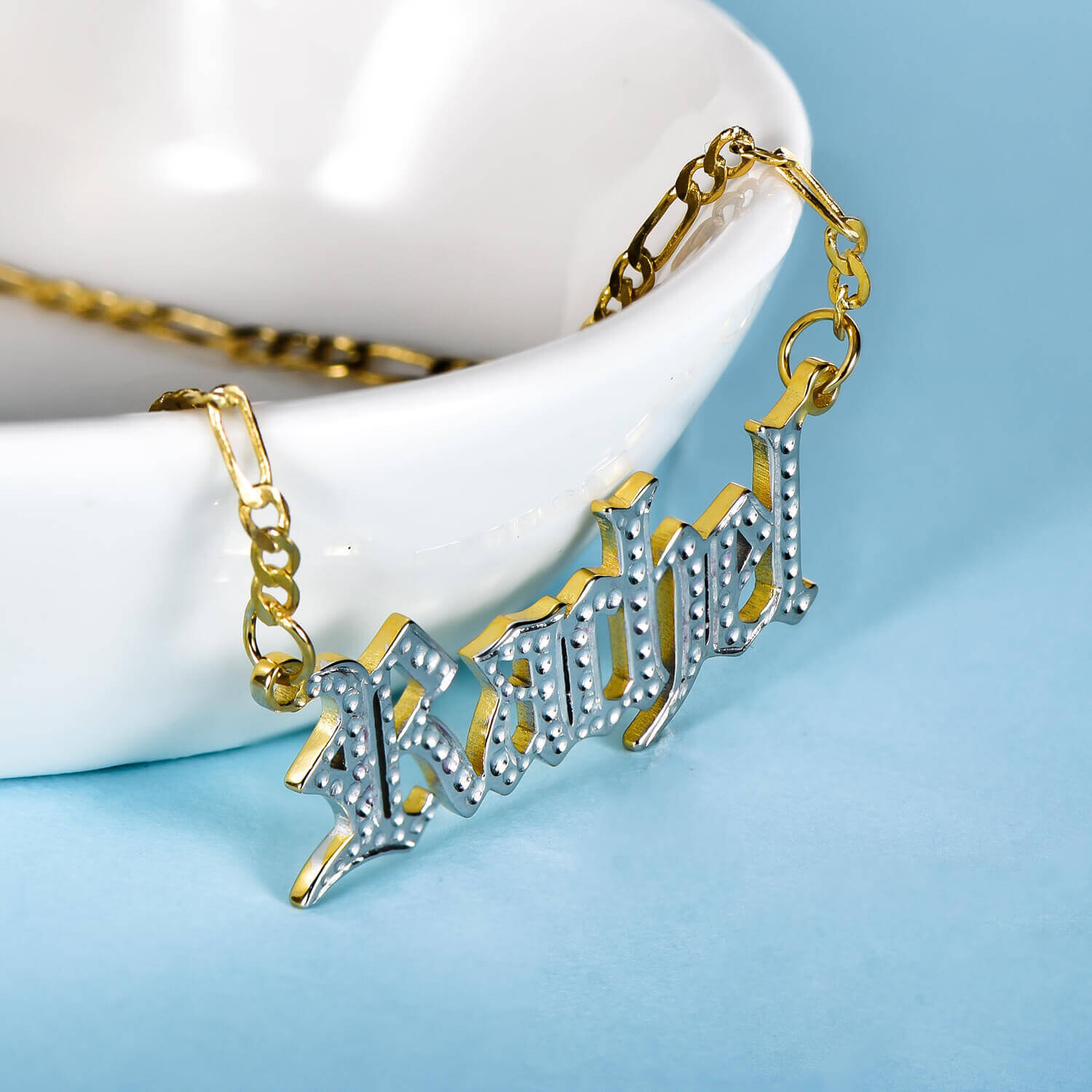 Two Tone Old English Font Personalized Custom Gold Plated Name Necklace-silviax