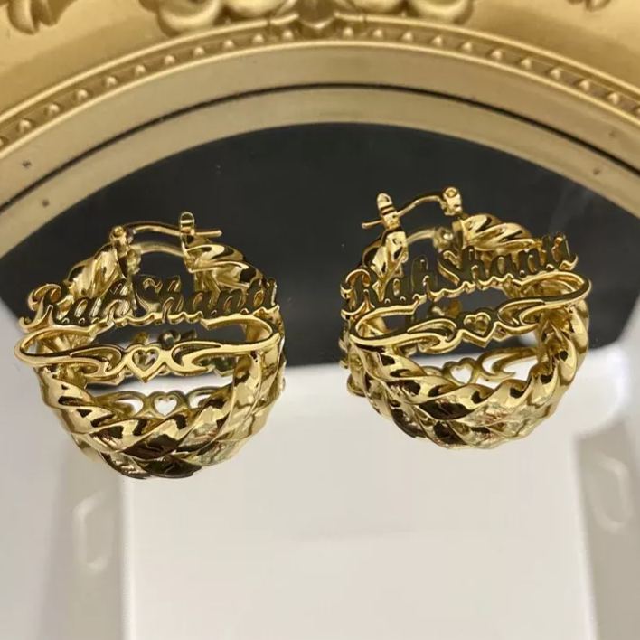 Initial Hoop Earrings with Heart Personalised Custom Gold Plated Bamboo Name Earrings 40mm-silviax