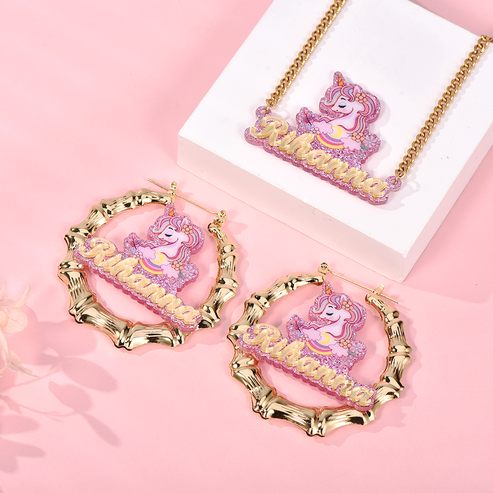 Pink Acrylic Unicorn Nameplate Jewelry Set Personalized Name Necklace and Bamboo Earrings
