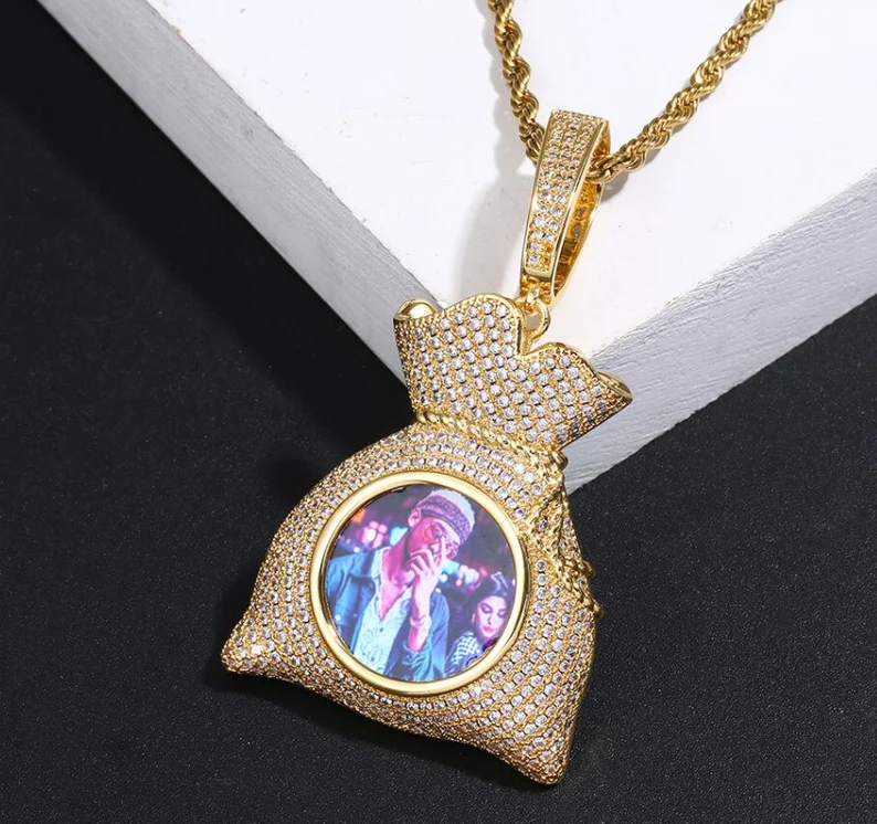 Iced Out Zircon Money Bag Personalized Custom Gold Plated Photo Pendant Necklace