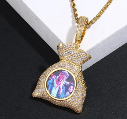 Iced Out Zircon Money Bag Personalized Custom Gold Plated Photo Pendant Necklace-silviax