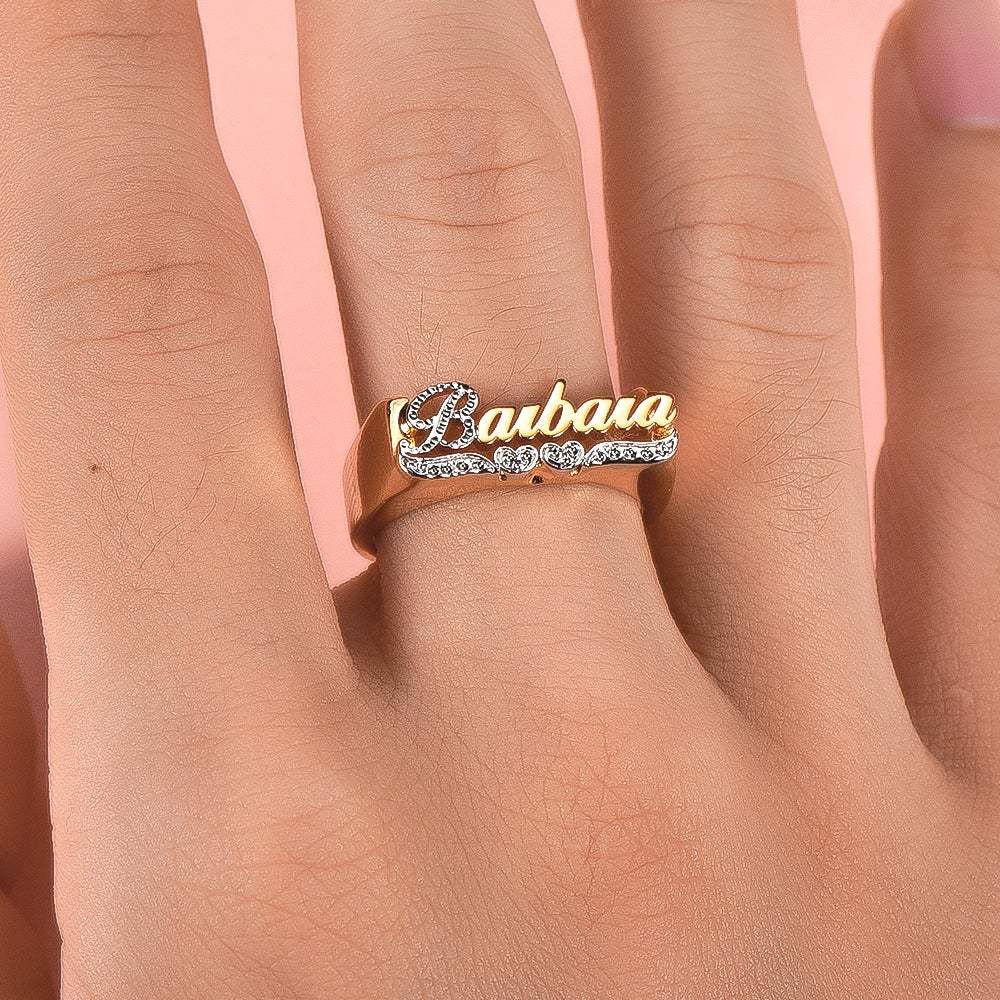 Two-tone Double Heart Personalized Custom Name Ring and Double Plate Necklace Set-silviax