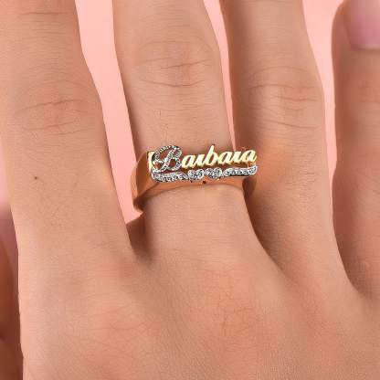 Two-tone Double Heart Personalized Custom Name Ring and Double Plate Necklace Set-silviax