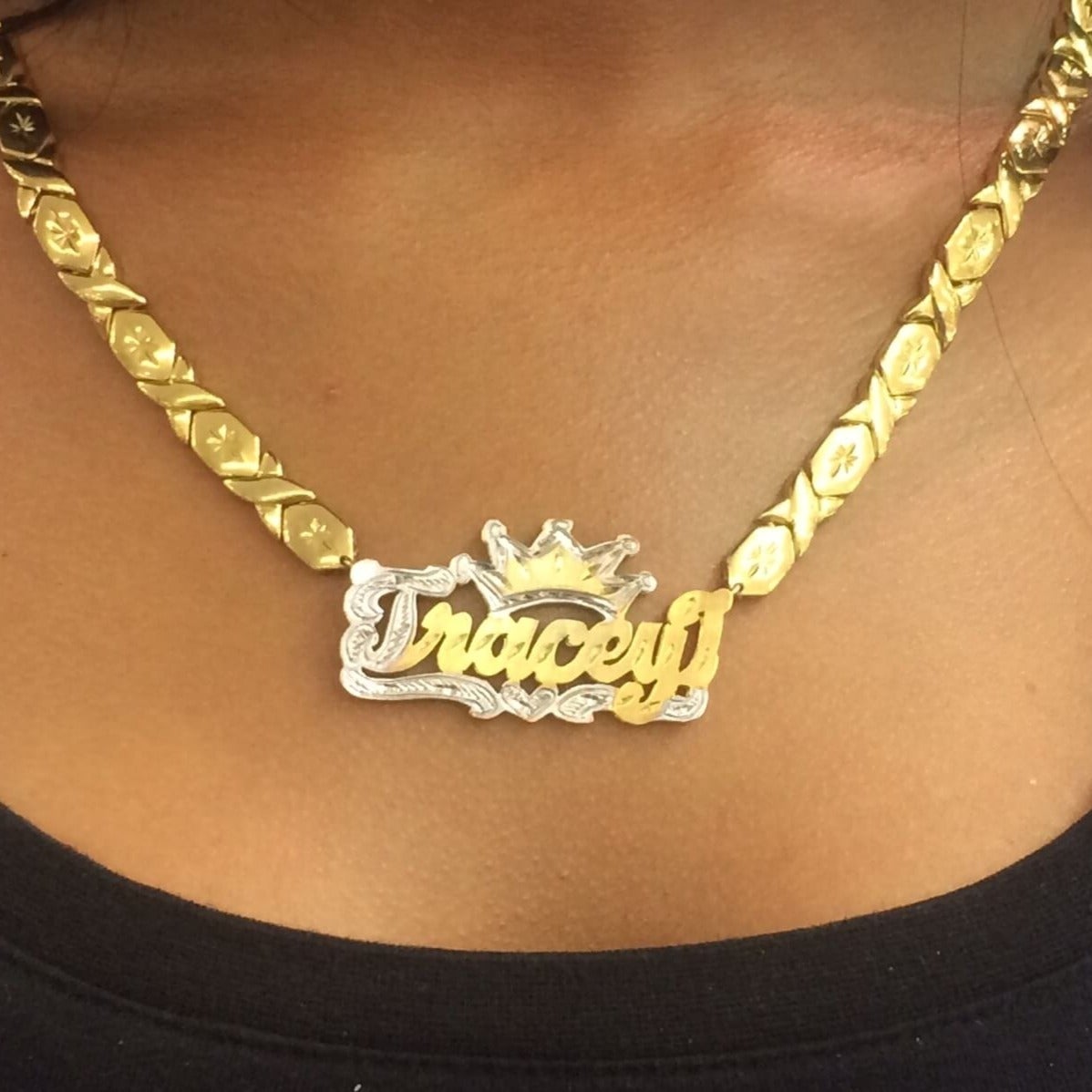 Double Layer Two Tone Crown Personalized Custom Gold Plated 3D Name Necklace with xoxo Chain-silviax