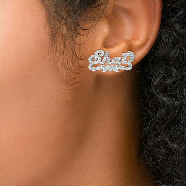 Double Plated Two Tone Personalized Custom Stud Name Earrings with Heart-silviax
