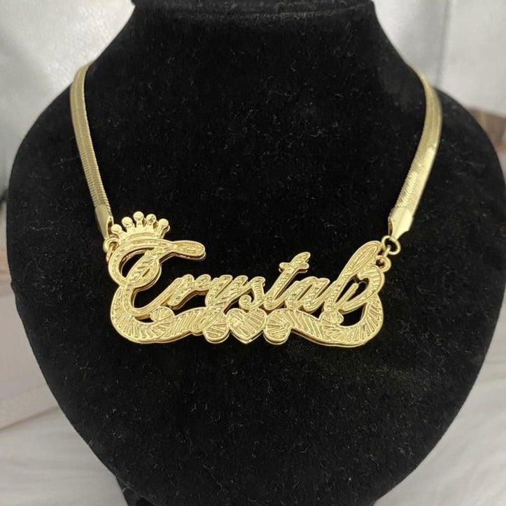 Double Layer Nameplate Crown Heart Personalized Custom Gold Plated Snake Chain 3D Name Necklace-silviax