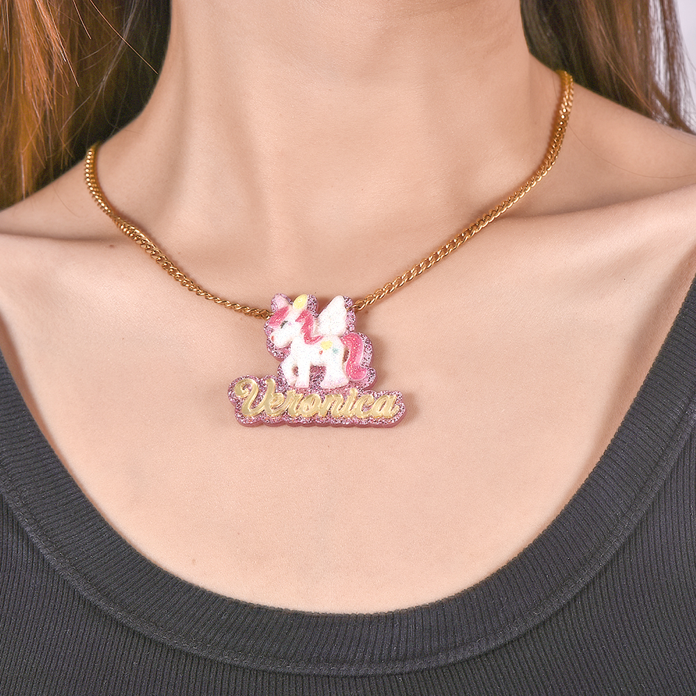 Cute Unicorn Personalized Pink Acrylic Name Necklace for Kids-silviax