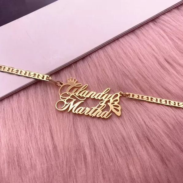 Mariner Chain Butterfly and Crown Nameplate Personalized Custom Gold Plated Name Necklace Women Gifts
