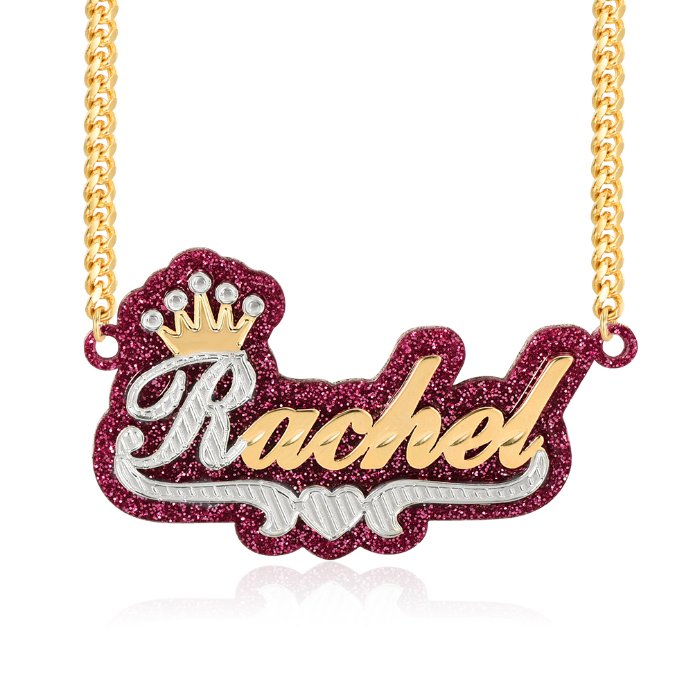 Purple Acrylic Personalized Gold Plated Two Tone Crown Name Necklace-silviax