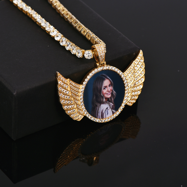 Angel Wings with Tennis Chain Gold Plated Personalized Circular Pendant Photo Necklace-silviax