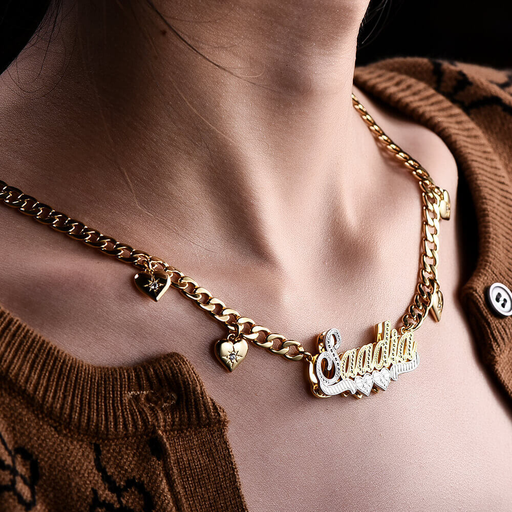 Double Layer Two Tone Two Hearts Nameplate Cuban Chain With Heart Personalized Custom Gold Plated Name Necklace And Bracelet Set-silviax