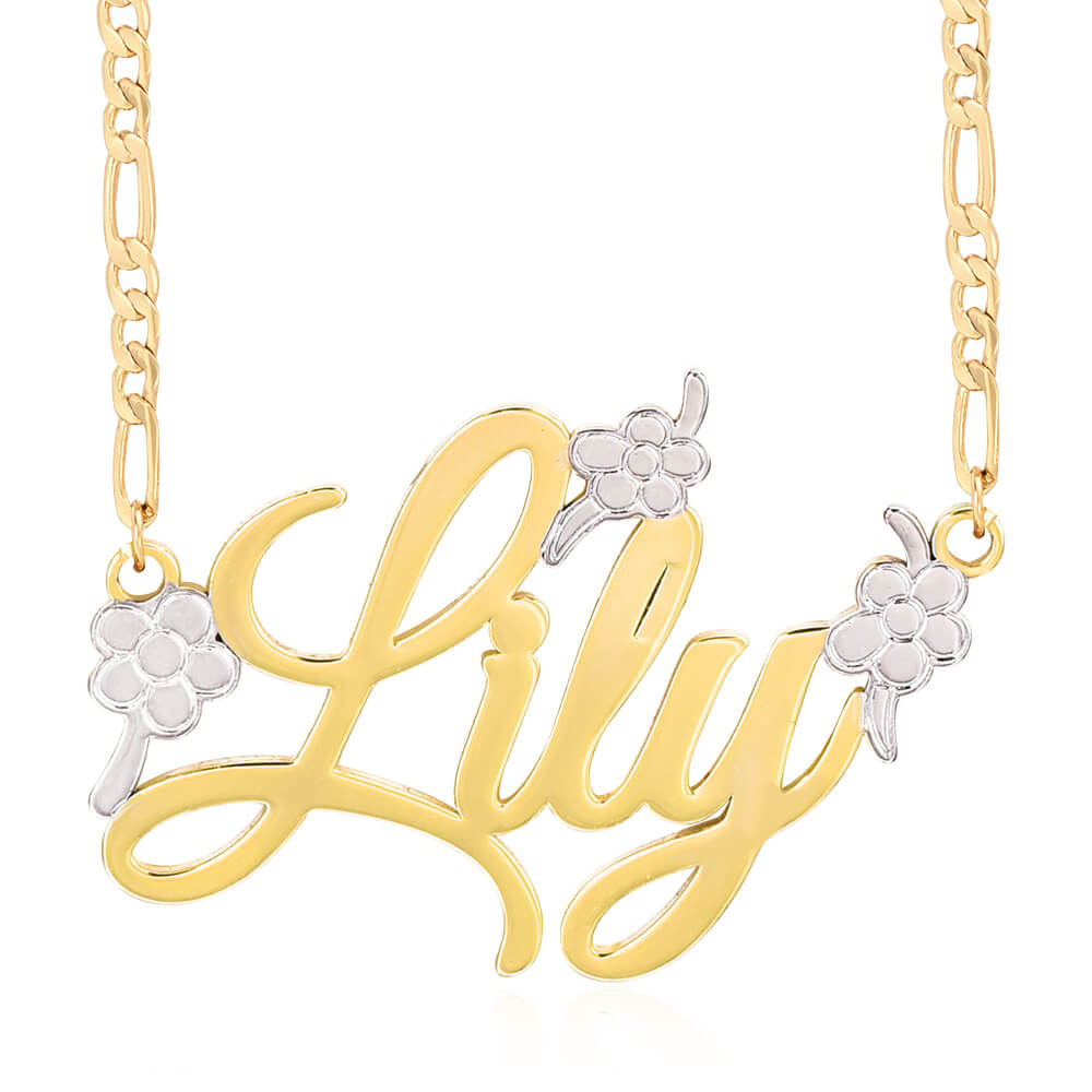 Two Tone Nameplate With Flowers Personalized Custom Gold Plated Name Necklace-silviax