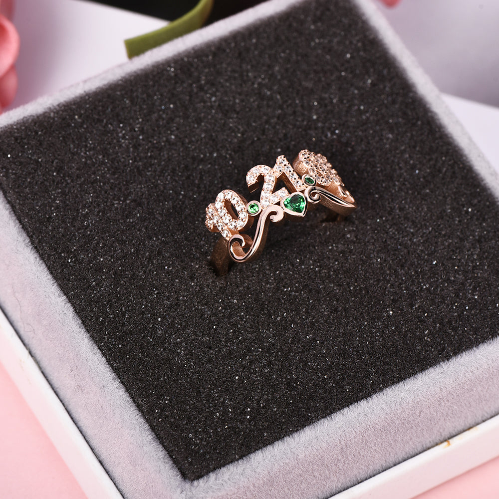 Personalized CZ Pave Date Ring with Birthstone and Heart Anniversary Ring
