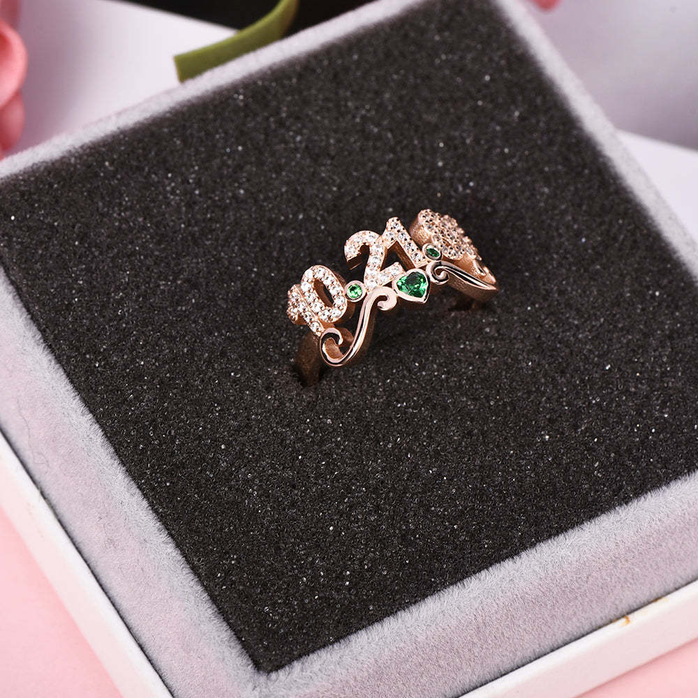 Personalized CZ Pave Date Ring with Birthstone and Heart Anniversary Ring