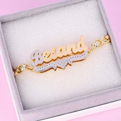 Double Layer Two Tone with Teddy Bear Heart XOXO Chain Personalized Custom Gold Plated Name Bracelet-silviax