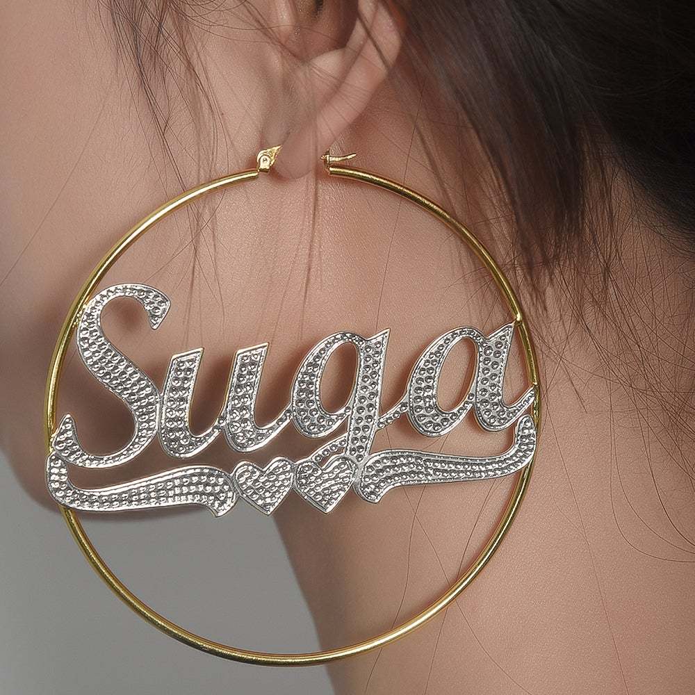 Two Tone Gold Plated Personalized Hoop Name Earrings with Heart-silviax
