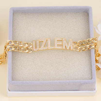 Double Chain with Rhinestones Gold Plated Personalized Custom Name Bracelet-silviax