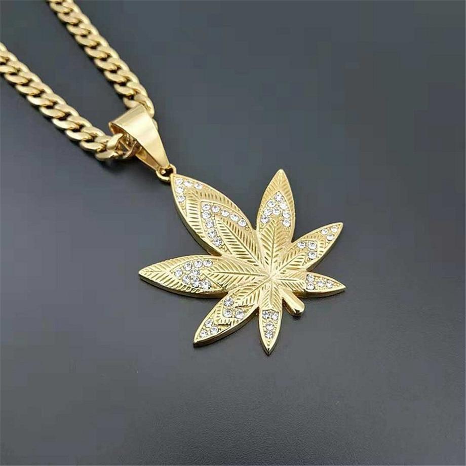 Hemp Leaf Pendant Necklace with Rhinestones Gold Plated Jewelry Gift for Men Dad-silviax