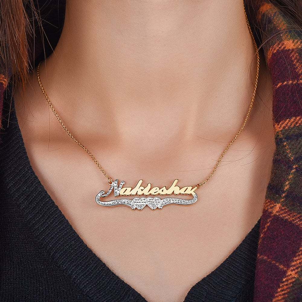 Two Tone Personalized Custom Two Heart Gold Plated Name Necklace-silviax