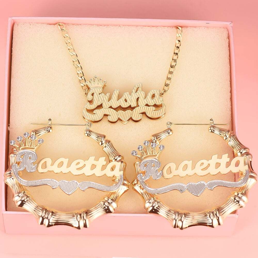 Crown Double Layer Name Necklace And Two Tone Name Bamboo Earrings Personalized Custom Gold Plated Set-silviax