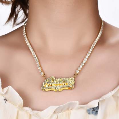 Double Plate with Tennis Chain nameplate Personalized Custom Gold Plated Name Necklace and Bracelet Set-silviax
