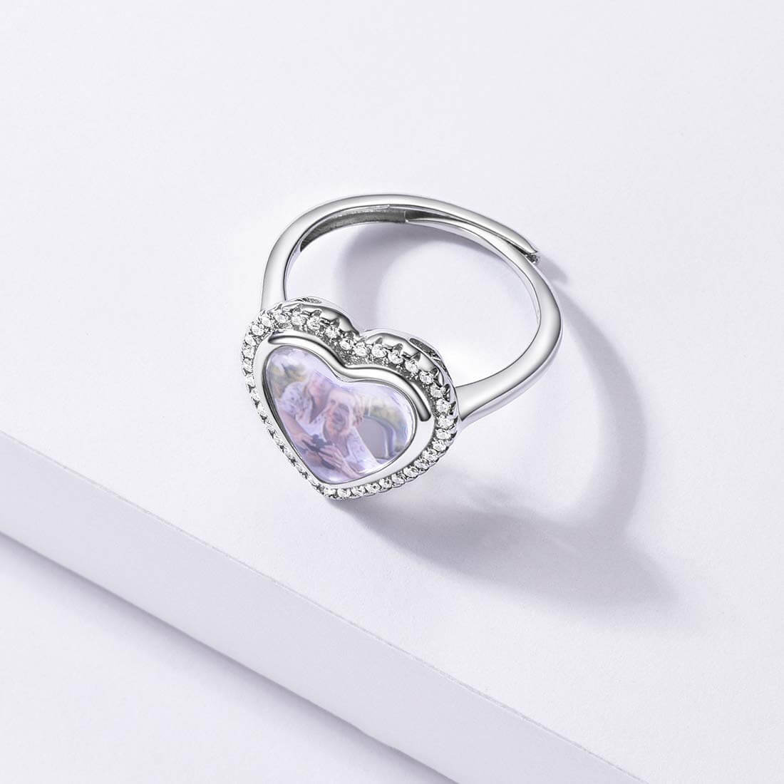 Heart white Gold Personalized Custom Open Photo Ring Inlay Cubic Zirconia-silviax