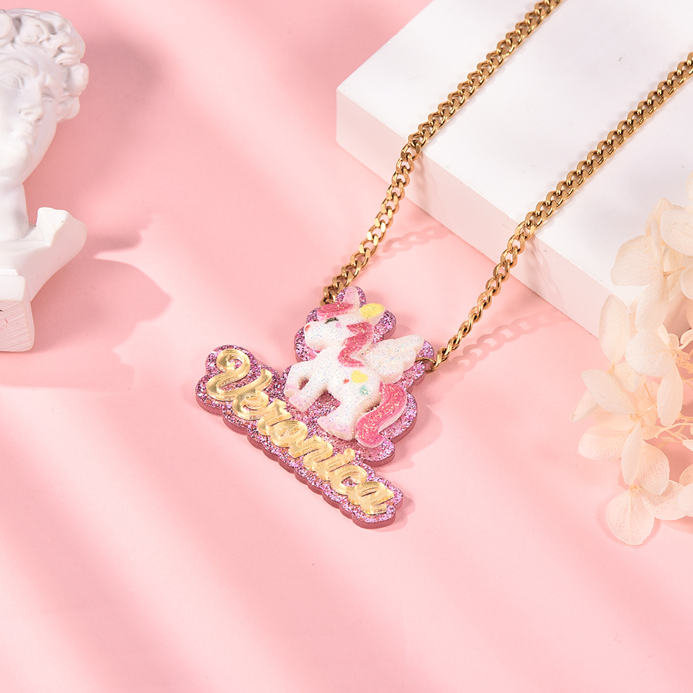 Cute Unicorn Personalized Pink Acrylic Name Necklace for Kids-silviax