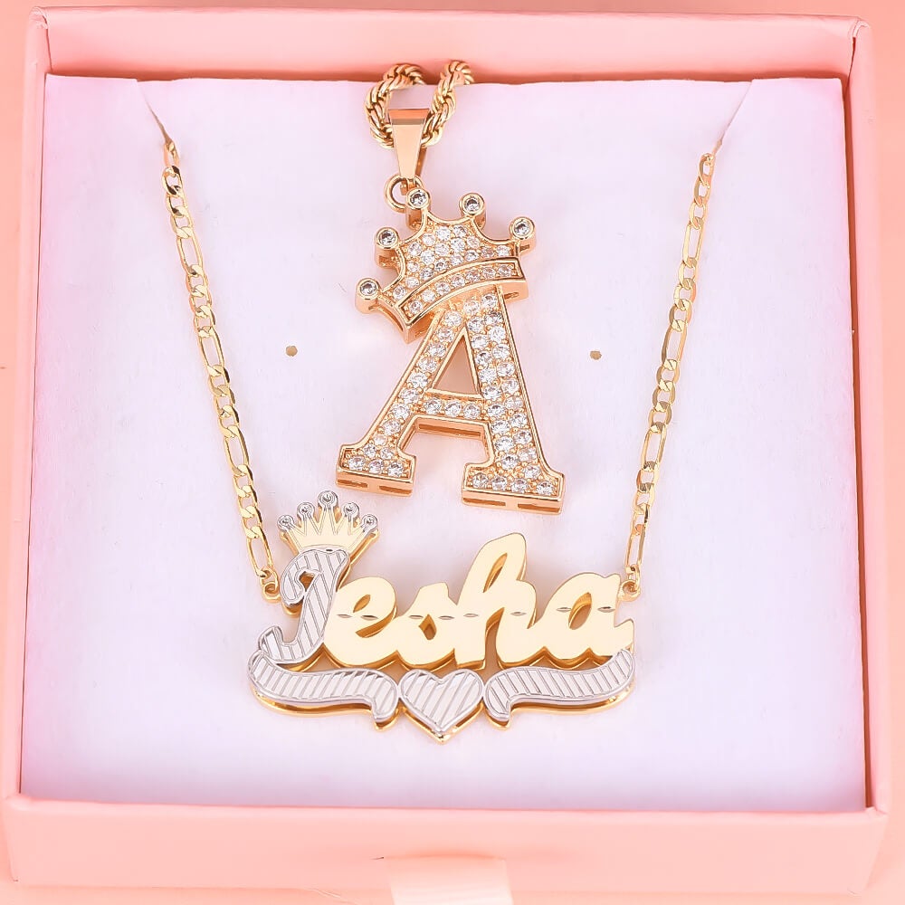 Crown Custom Letter Initial Necklace and Two Tone Double Layer Name Necklace Gold Plated Set-silviax