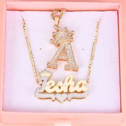 Crown Custom Letter Initial Necklace and Two Tone Double Layer Name Necklace Gold Plated Set-silviax