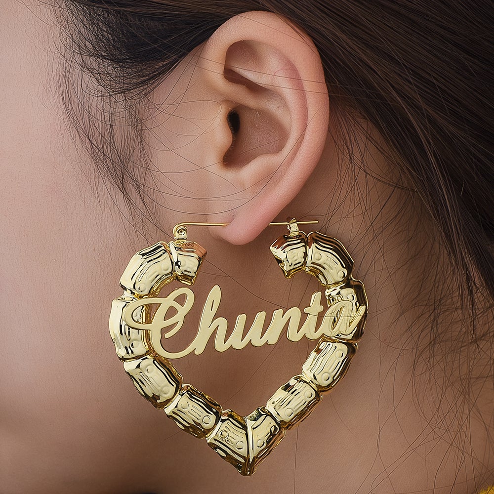 Gold Plated Personalized Heart Bamboo Name Earrings-silviax